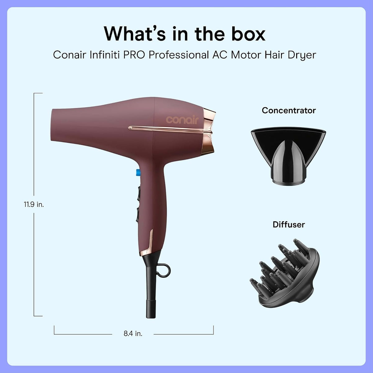 Conair Hair Dryer with Diffuser & Concentrator, 1875W AC Motor, Plum