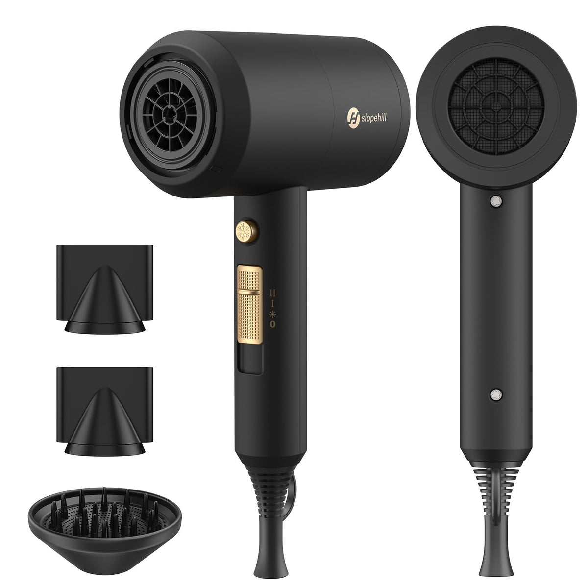 slopehill Professional Ionic Hair Dryer, Powerful 1800W Fast Drying Low Noise Blow Dryer with 2 Concentrator Nozzle 1 Diffuser Attachments for Home Salon Travel