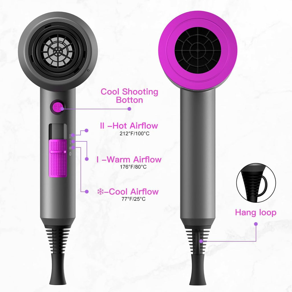 slopehill Professional Ionic Hair Dryer, Powerful 1800W Fast Drying Low Noise Blow Dryer with 2 Concentrator Nozzle 1 Diffuser Attachments for Home Salon Travel