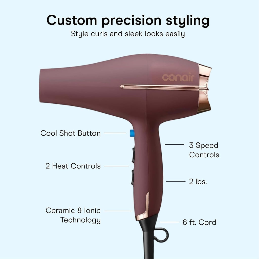 Conair Hair Dryer with Diffuser & Concentrator, 1875W AC Motor, Plum