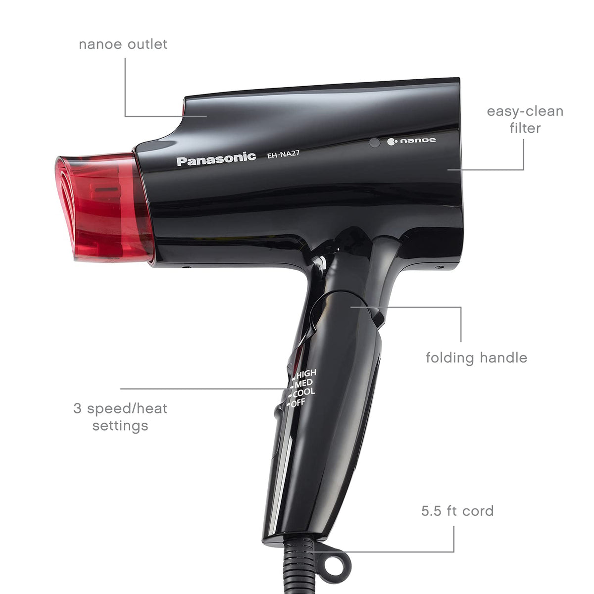 Panasonic nanoe Compact Hair Dryer for Healthy-Looking Hair, 1400W Portable, Folding Handling and Quickdry Nozzle for Fast Drying – EH-NA27-K (Black/Pink)