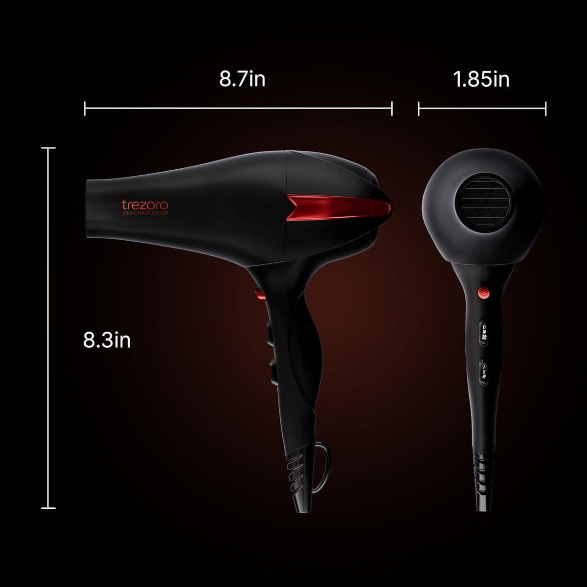 TREZORO Professional Hair Dryer with 2 Concentrator Nozzles, 2000W, Black