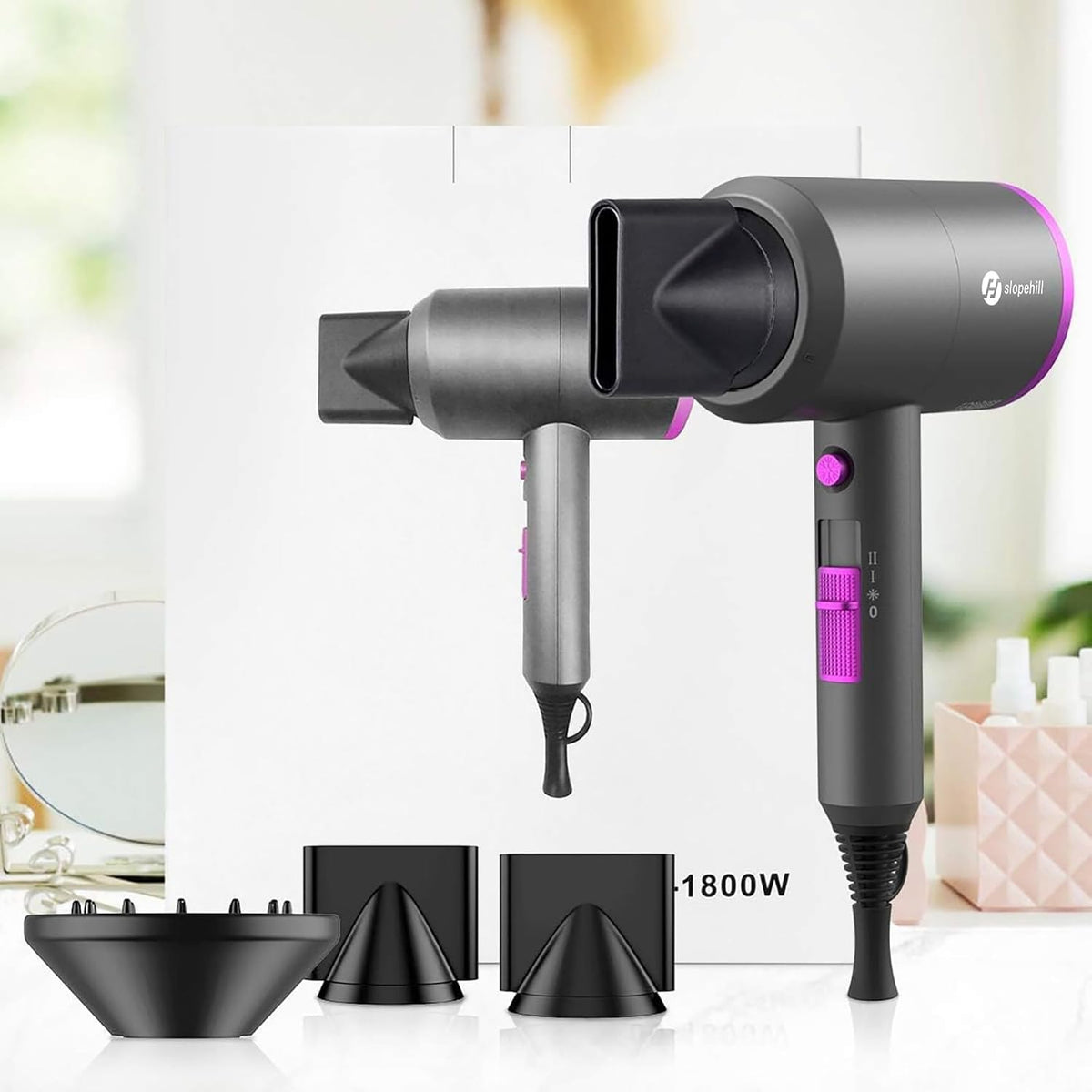 slopehill Professional Ionic Hair Dryer, Powerful 1800W Fast Drying Low Noise Blow Dryer with 2 Concentrator Nozzle 1 Diffuser Attachments for Home Salon Travel