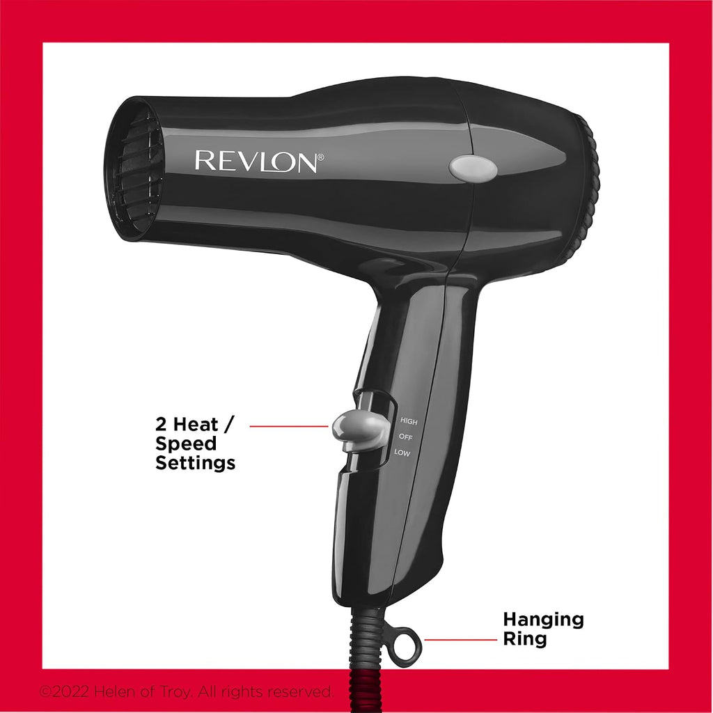 Revlon Compact Hair Dryer | 1875W Lightweight Design, Perfect for Travel, (Black) | Lightweight Design, 2 Heat/Speed Settings, Hanging Ring
