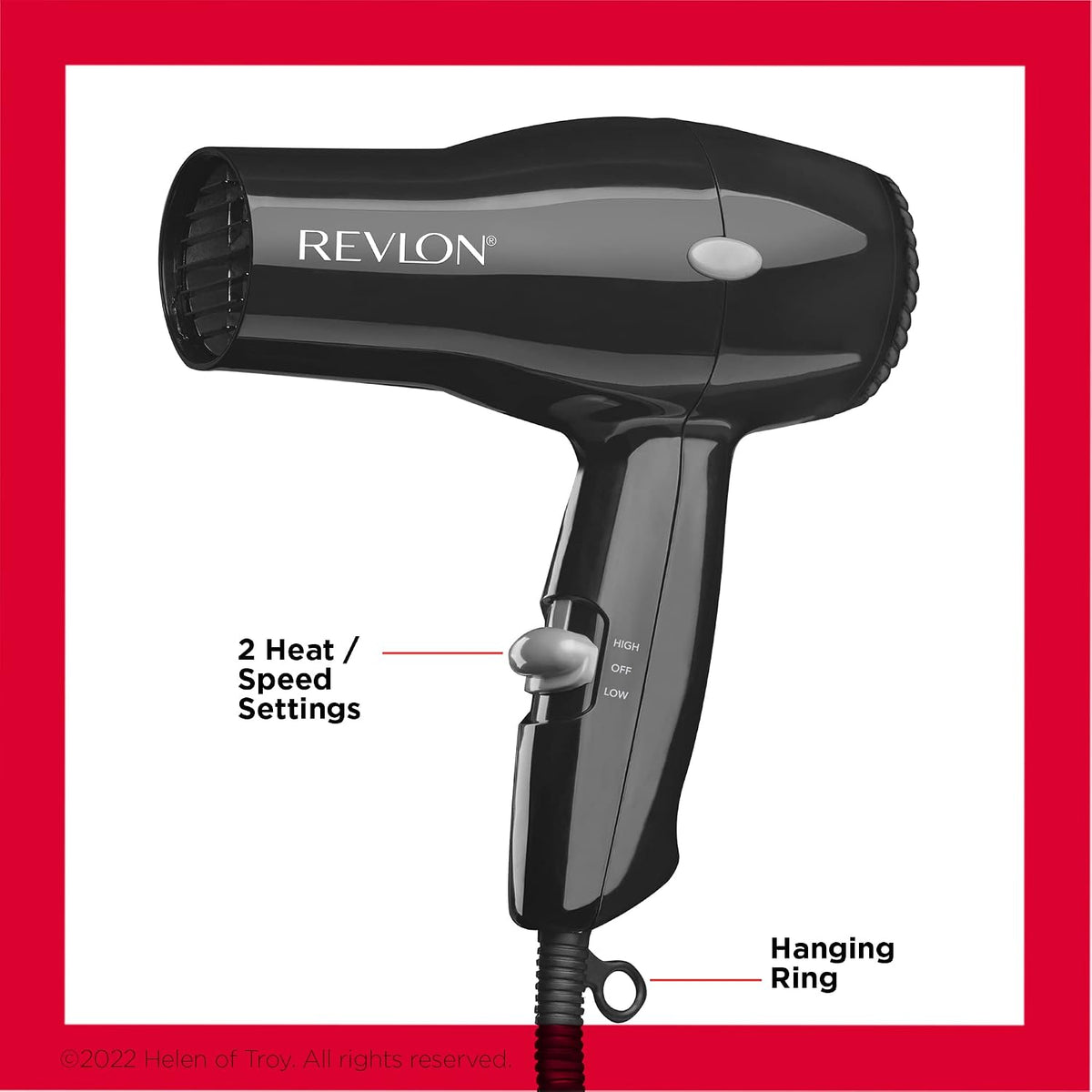Revlon Compact Hair Dryer | 1875W Lightweight Design, Perfect for Travel, (Black) | Lightweight Design, 2 Heat/Speed Settings, Hanging Ring