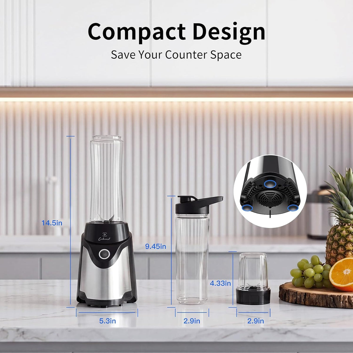 COKUNST Smoothie Blender, Personal Blender with 2 To-Go Cups & Lids, Black | 25,000 RPM Powerful Motor, Blender and Grinder Combo, One-Button Pulse, BPA Free, Compact Size, for Kitchen, Frozen Drinks