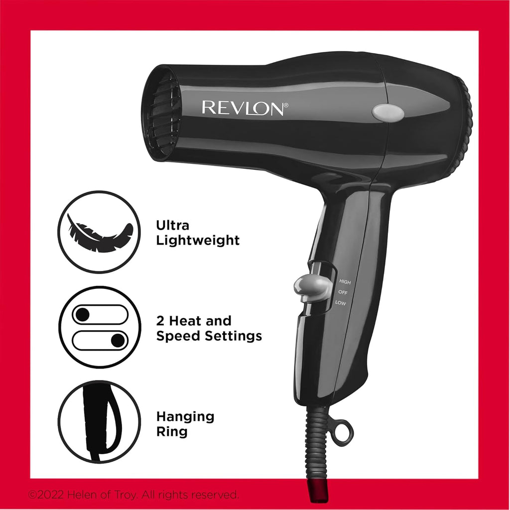 Revlon Compact Hair Dryer | 1875W Lightweight Design, Perfect for Travel, (Black) | Lightweight Design, 2 Heat/Speed Settings, Hanging Ring