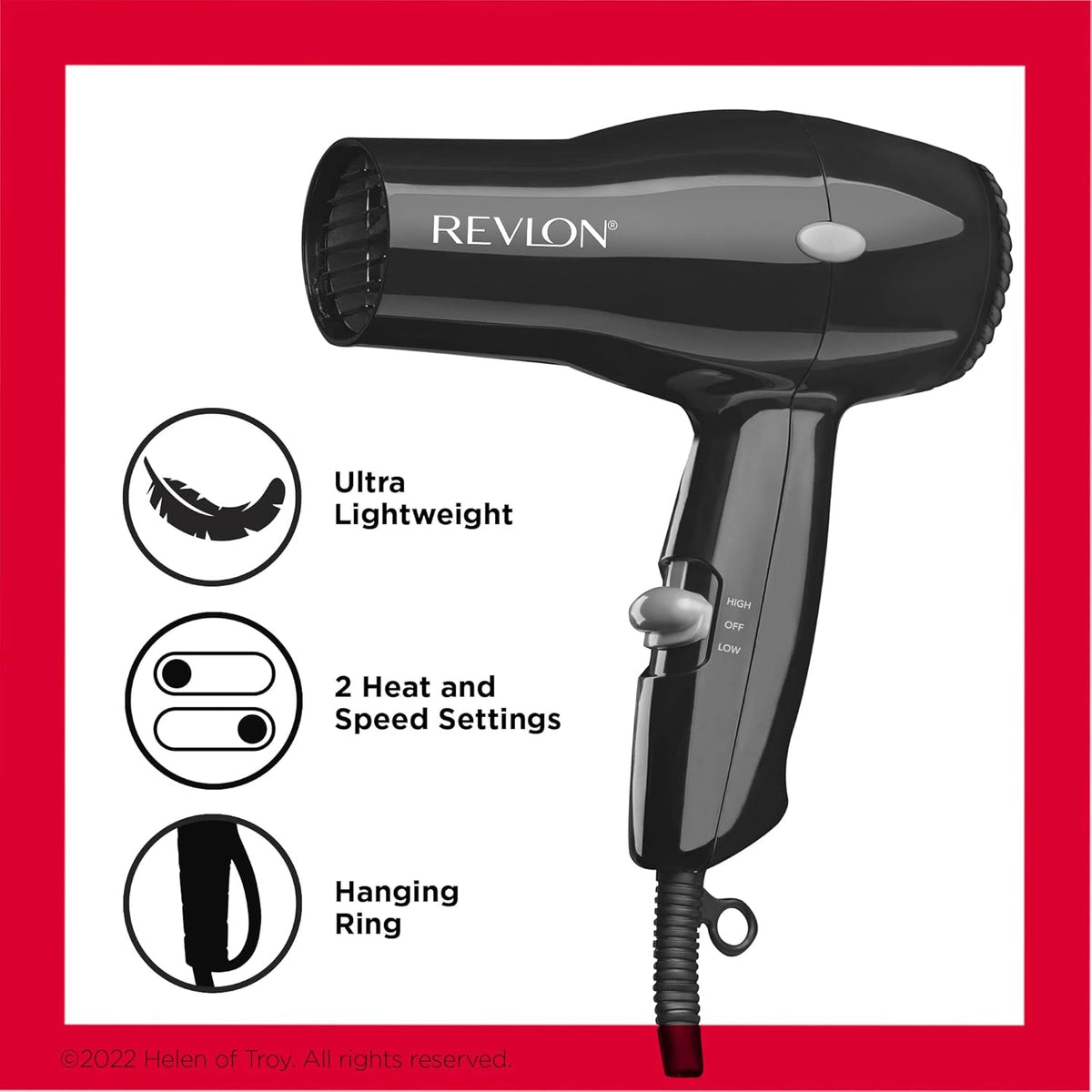 Revlon Compact Hair Dryer | 1875W Lightweight Design, Perfect for Travel, (Black) | Lightweight Design, 2 Heat/Speed Settings, Hanging Ring