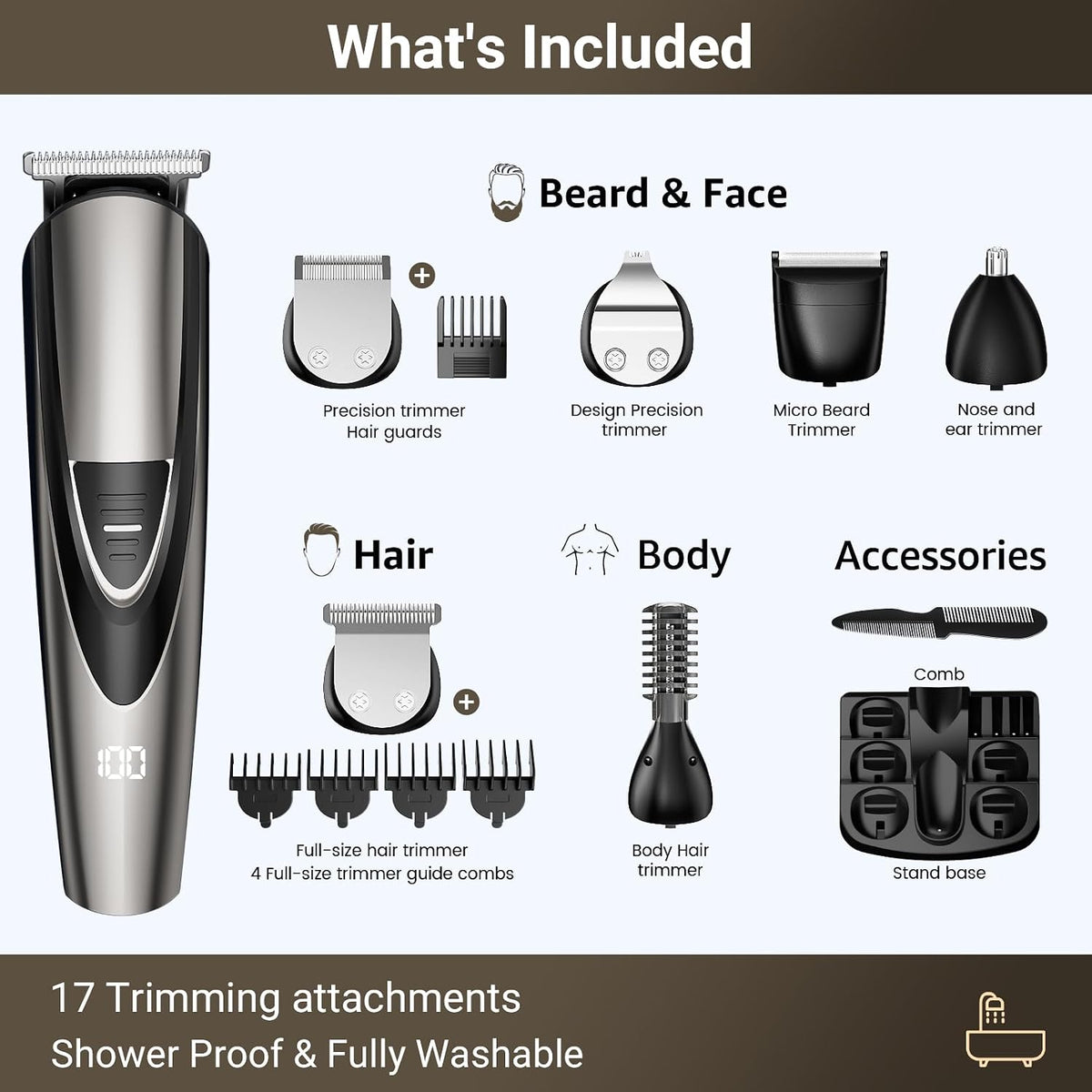 Rechargeable Beard Trimmer for Men: 𝟏𝟐-in-1 Grooming Kit | 𝐏𝐫𝐨fessional Barber Hair Clippers with 6 Detachable Heads & Turbo Speed - Waterproof for Wet/Dry - 𝐒𝐚𝐟𝐞ty Lock, 90-Min