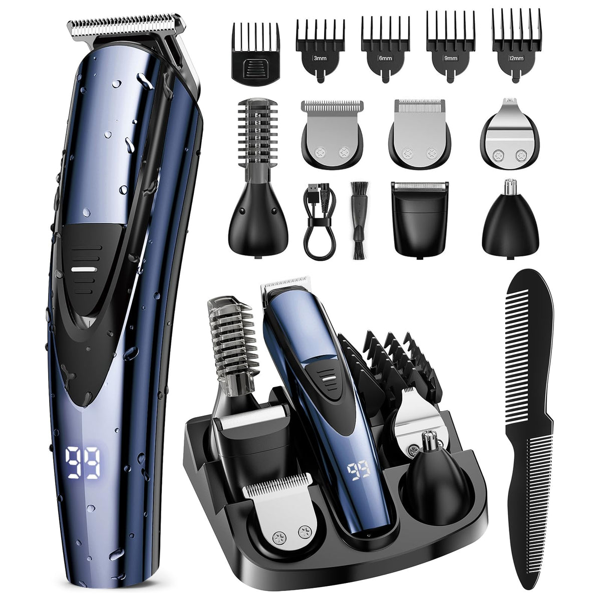 Rechargeable Beard Trimmer for Men: 𝟏𝟐-in-1 Grooming Kit | 𝐏𝐫𝐨fessional Barber Hair Clippers with 6 Detachable Heads & Turbo Speed - Waterproof for Wet/Dry - 𝐒𝐚𝐟𝐞ty Lock, 90-Min