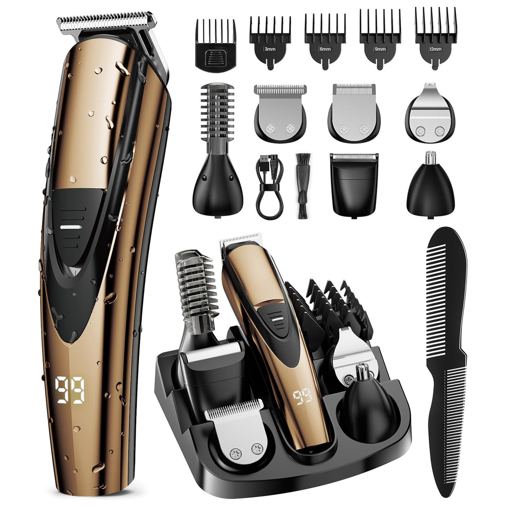 Rechargeable Beard Trimmer for Men: 𝟏𝟐-in-1 Grooming Kit | 𝐏𝐫𝐨fessional Barber Hair Clippers with 6 Detachable Heads & Turbo Speed - Waterproof for Wet/Dry - 𝐒𝐚𝐟𝐞ty Lock, 90-Min