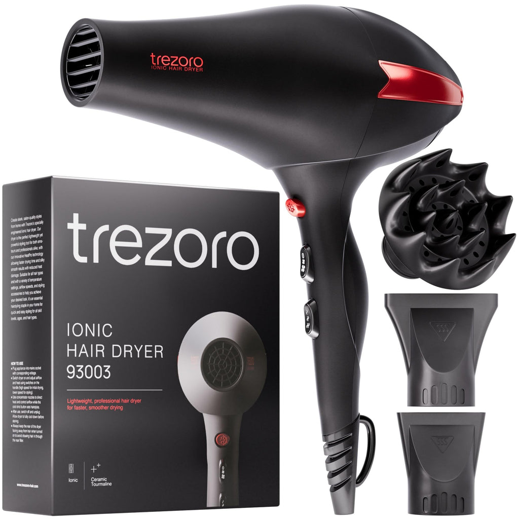 TREZORO Professional Hair Dryer with 2 Concentrator Nozzles, 2000W, Black