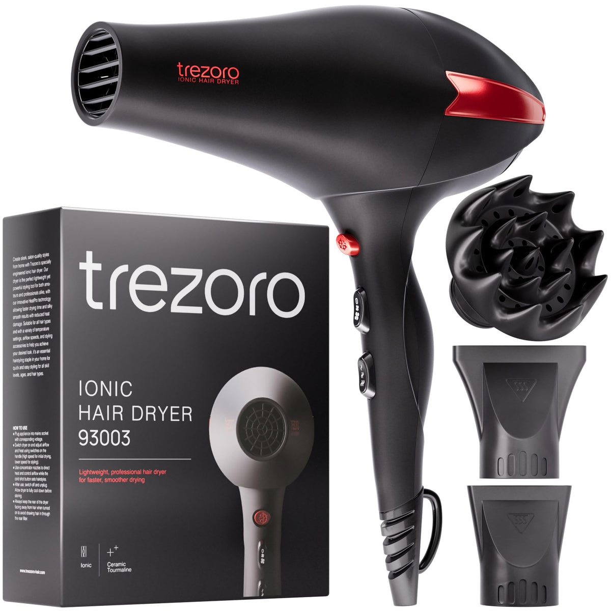 TREZORO Professional Hair Dryer with 2 Concentrator Nozzles, 2000W, Black
