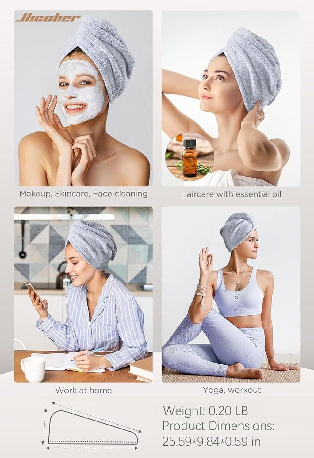 Hicober Microfiber Hair Towel Wrap for Women, Blue Grey Pink, 3-Pack