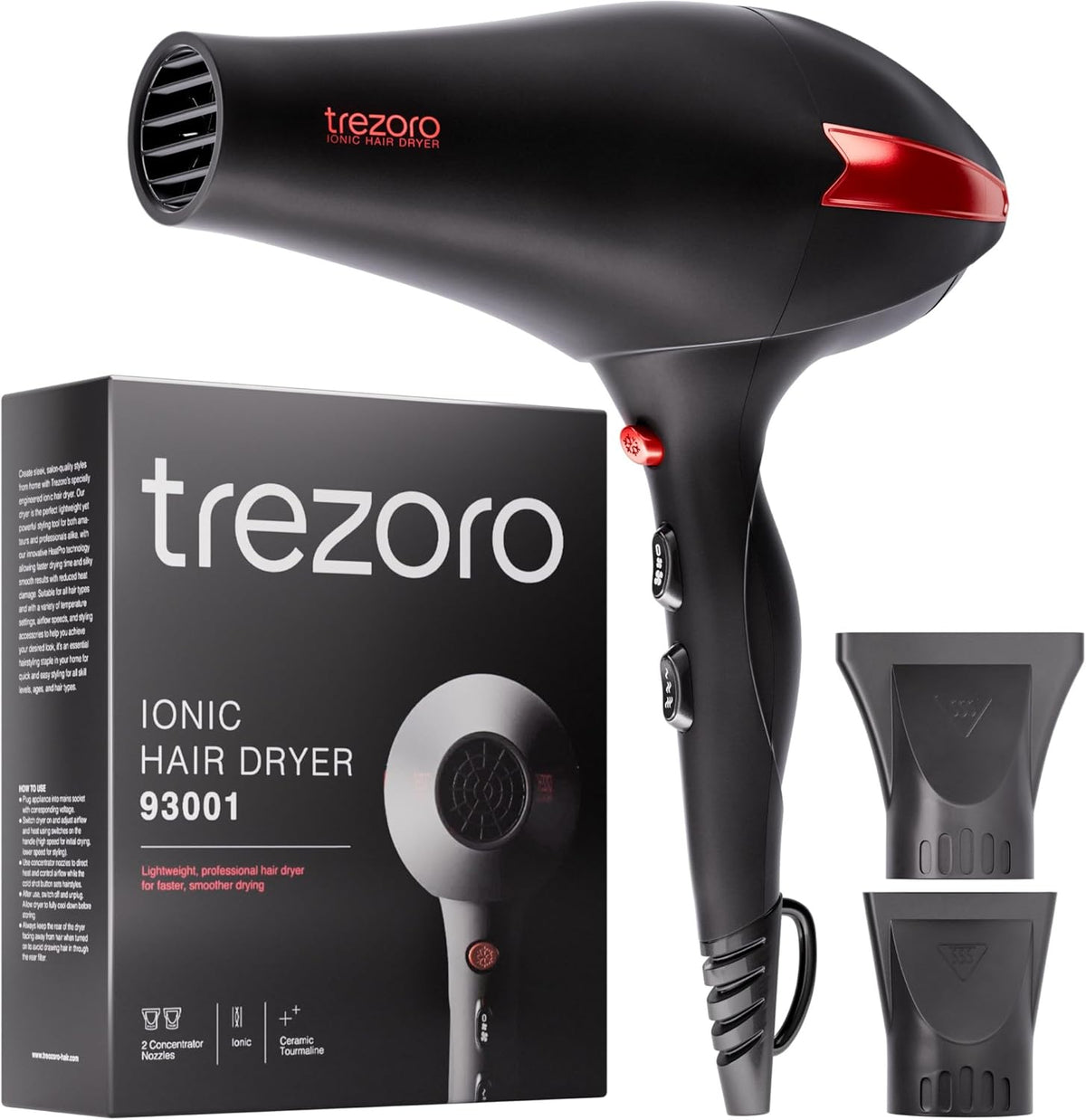 TREZORO Professional Hair Dryer with 2 Concentrator Nozzles, 2000W, Black