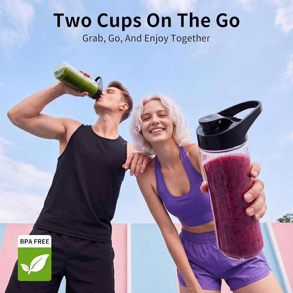 COKUNST Smoothie Blender, Personal Blender with 2 To-Go Cups & Lids, Black | 25,000 RPM Powerful Motor, Blender and Grinder Combo, One-Button Pulse, BPA Free, Compact Size, for Kitchen, Frozen Drinks