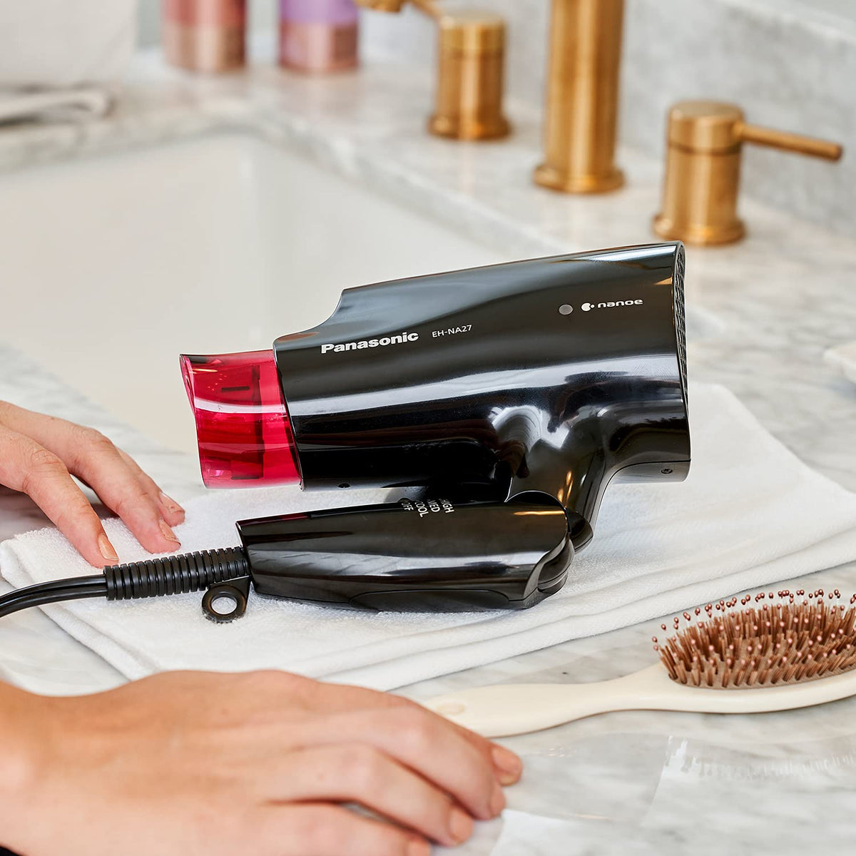 Panasonic nanoe Compact Hair Dryer for Healthy-Looking Hair, 1400W Portable, Folding Handling and Quickdry Nozzle for Fast Drying – EH-NA27-K (Black/Pink)