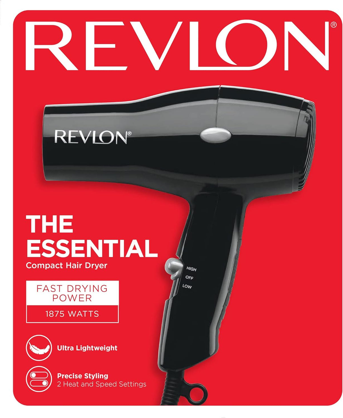 Revlon Compact Hair Dryer | 1875W Lightweight Design, Perfect for Travel, (Black) | Lightweight Design, 2 Heat/Speed Settings, Hanging Ring