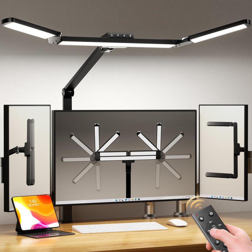 Airlonv LED Desk Lamp with Clamp, 17" Stepless Dimming Light, Black | 2700K-6500K, 100 LEDs, 360° Gooseneck, Fits Up to 30" Monitors, Flicker-Free Lighting for Home Office, Study& Workbench