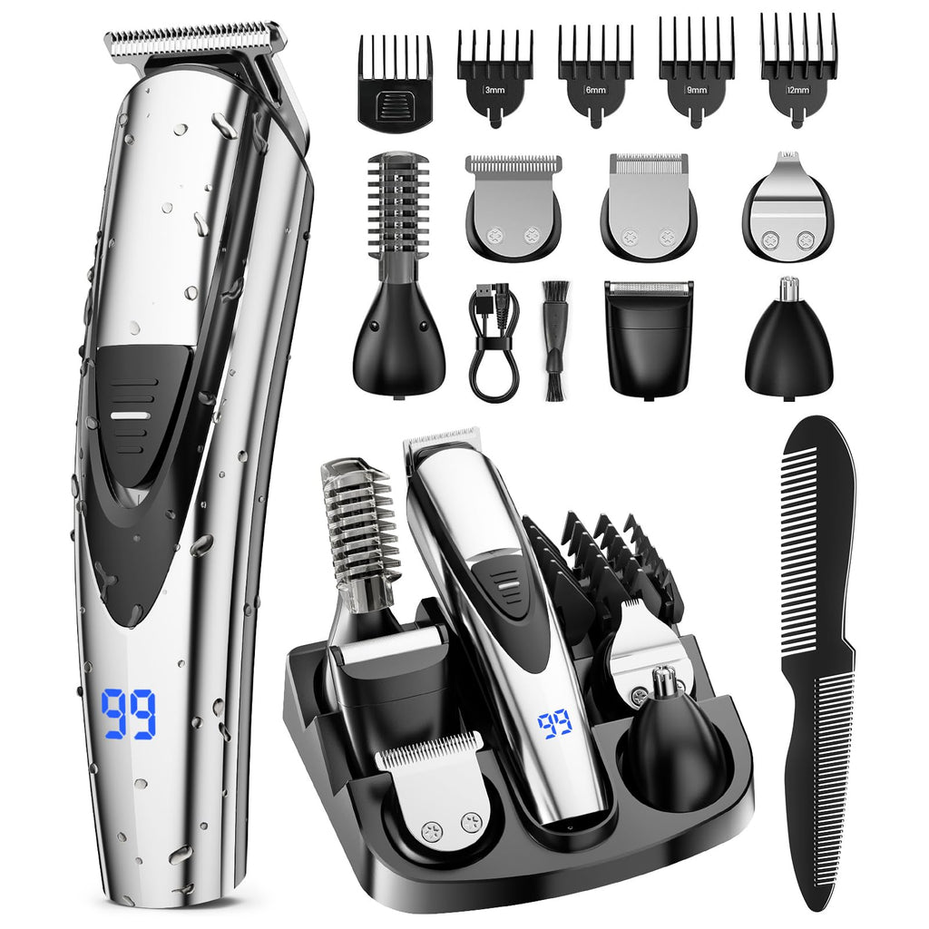 Rechargeable Beard Trimmer for Men: 𝟏𝟐-in-1 Grooming Kit | 𝐏𝐫𝐨fessional Barber Hair Clippers with 6 Detachable Heads & Turbo Speed - Waterproof for Wet/Dry - 𝐒𝐚𝐟𝐞ty Lock, 90-Min