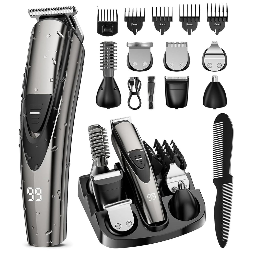 Rechargeable Beard Trimmer for Men: 𝟏𝟐-in-1 Grooming Kit | 𝐏𝐫𝐨fessional Barber Hair Clippers with 6 Detachable Heads & Turbo Speed - Waterproof for Wet/Dry - 𝐒𝐚𝐟𝐞ty Lock, 90-Min