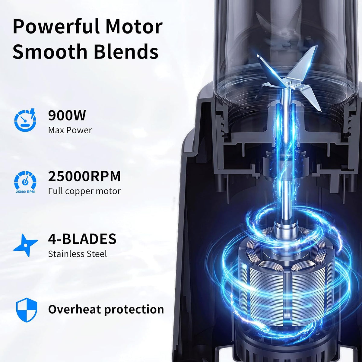 COKUNST Smoothie Blender, Personal Blender with 2 To-Go Cups & Lids, Black | 25,000 RPM Powerful Motor, Blender and Grinder Combo, One-Button Pulse, BPA Free, Compact Size, for Kitchen, Frozen Drinks