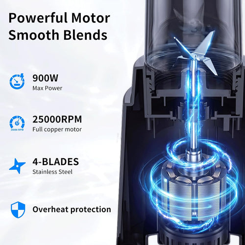 COKUNST Smoothie Blender, Personal Blender with 2 To-Go Cups & Lids, Black | 25,000 RPM Powerful Motor, Blender and Grinder Combo, One-Button Pulse, BPA Free, Compact Size, for Kitchen, Frozen Drinks