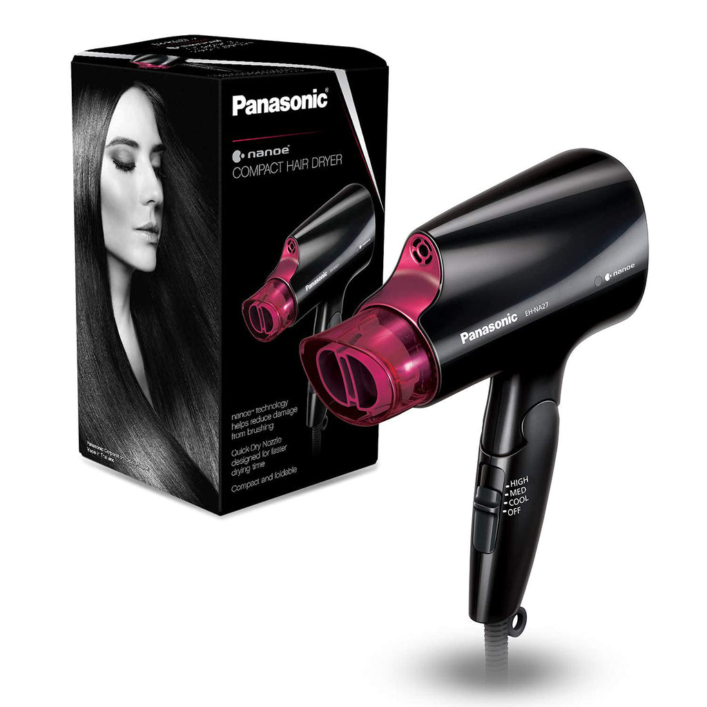 Panasonic nanoe Compact Hair Dryer for Healthy-Looking Hair, 1400W Portable, Folding Handling and Quickdry Nozzle for Fast Drying – EH-NA27-K (Black/Pink)