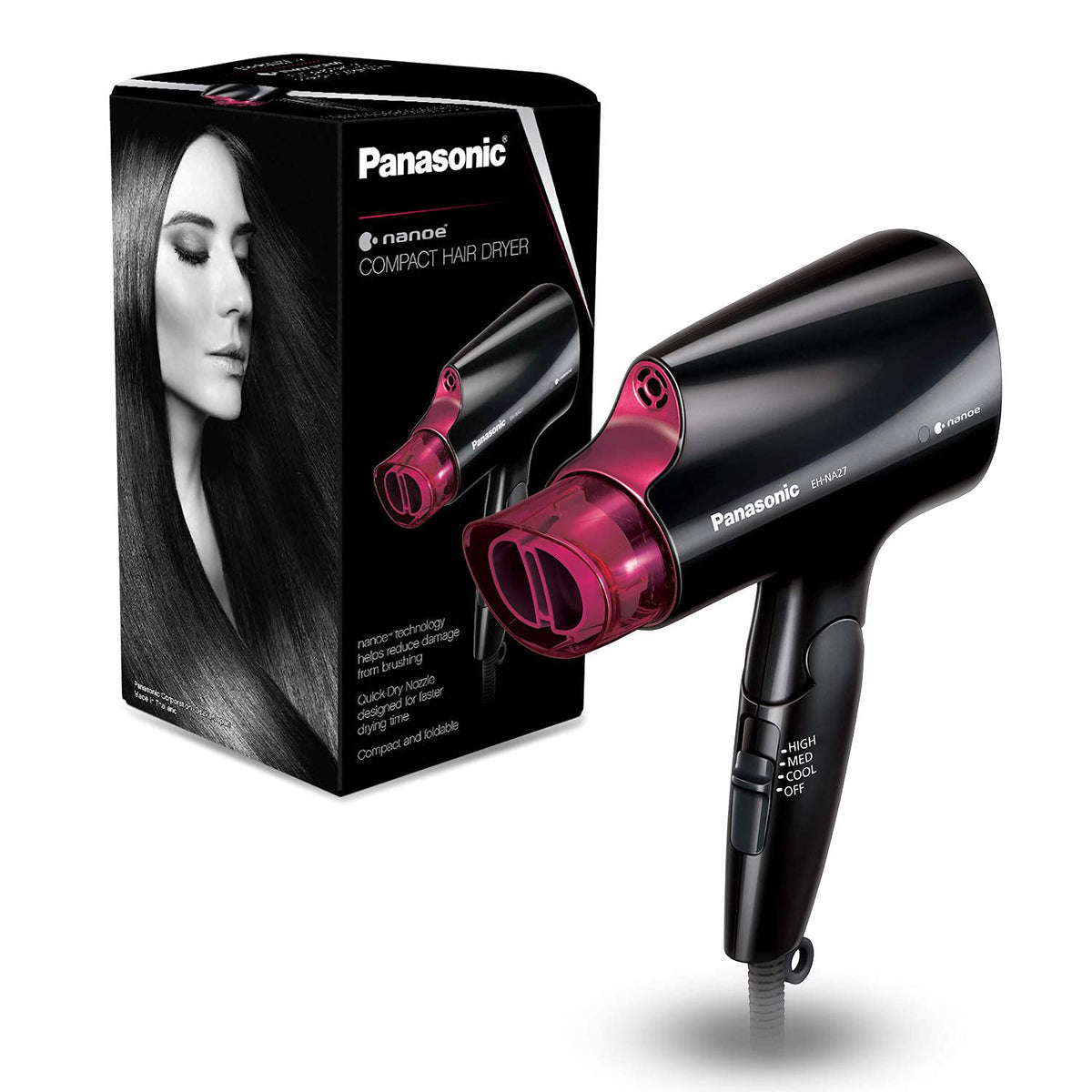 Panasonic nanoe Compact Hair Dryer for Healthy-Looking Hair, 1400W Portable, Folding Handling and Quickdry Nozzle for Fast Drying – EH-NA27-K (Black/Pink)