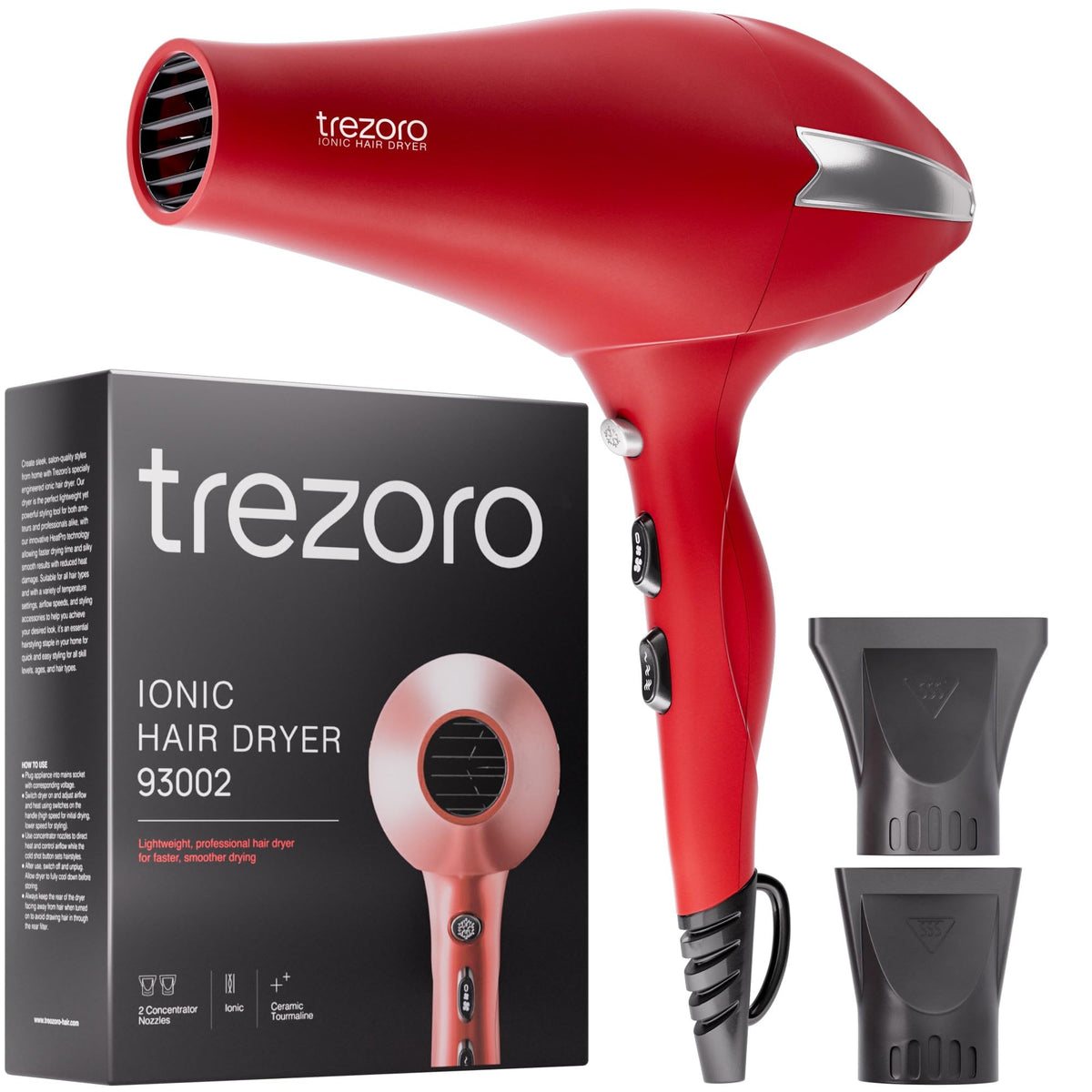 TREZORO Professional Hair Dryer with 2 Concentrator Nozzles, 2000W, Black