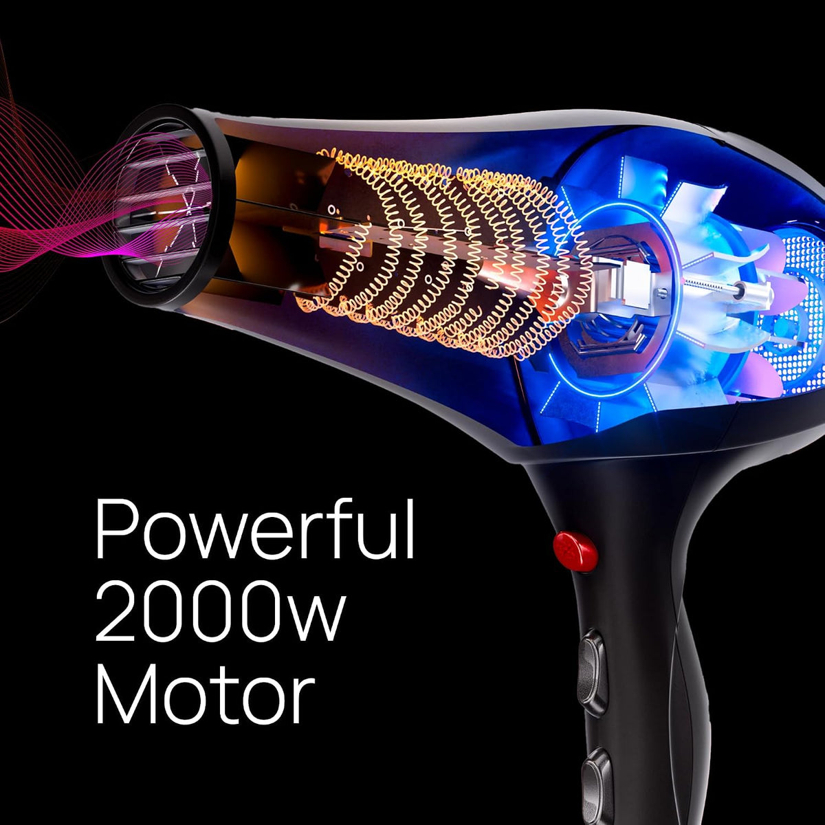 TREZORO Professional Hair Dryer with 2 Concentrator Nozzles, 2000W, Black