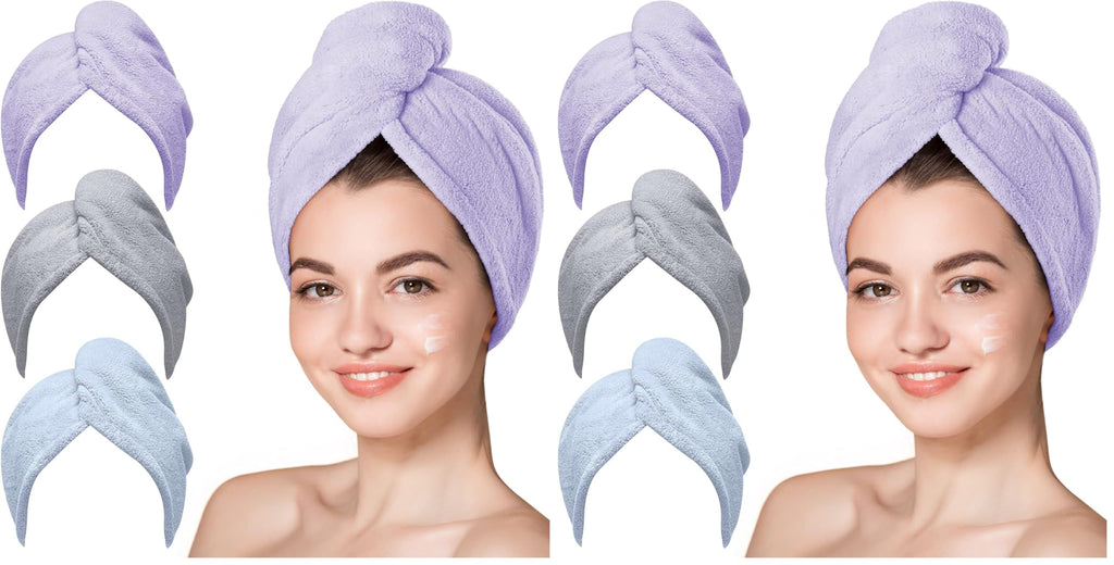 Hicober Microfiber Hair Towel Wrap for Women, Blue Grey Pink, 3-Pack